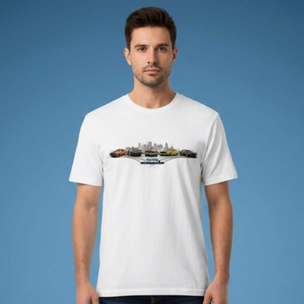 Newport Blue White American Muscle T-Shirt with City Skyline Graphic Size Large